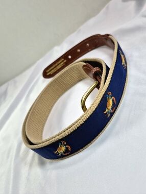 NWOT Leather Man Ltd. Blue Crab Ribbon Belt - Navy/Khaki USA Natical Old Money